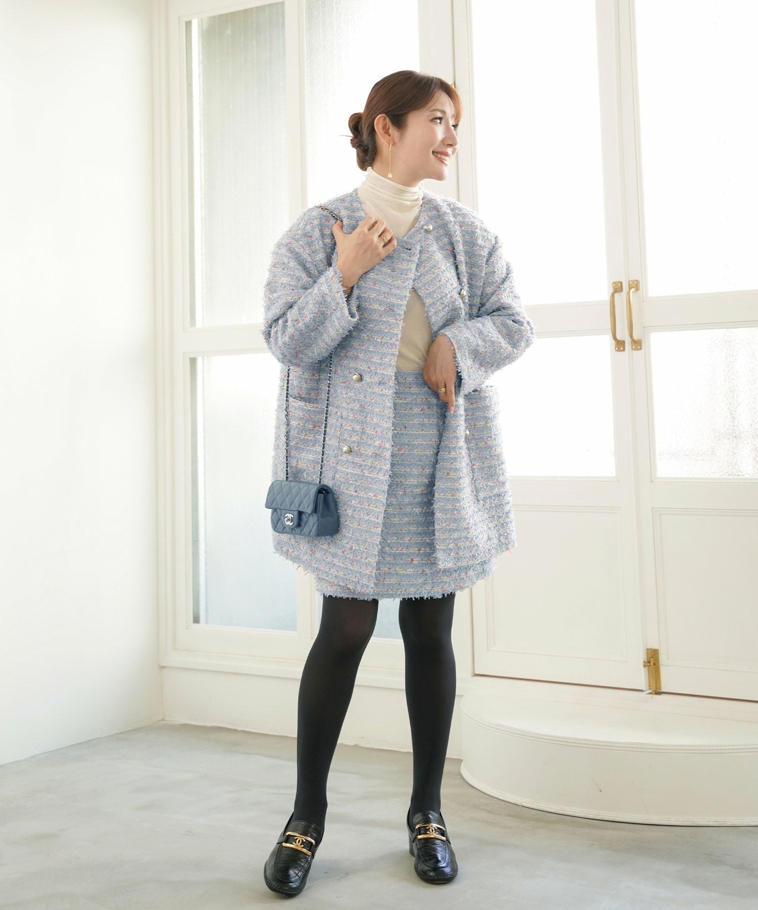 2点以上で半額クーポン対象 ノーカラー カラフルツイード ダブルボタン