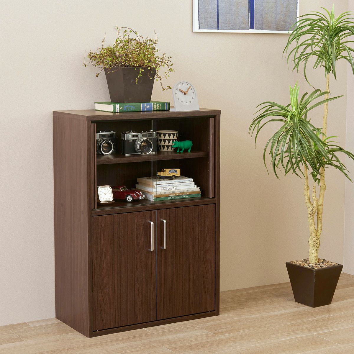 食器棚 幅57cm 高さ80cm ダークブラウン ガラス引き戸 キッチン収納