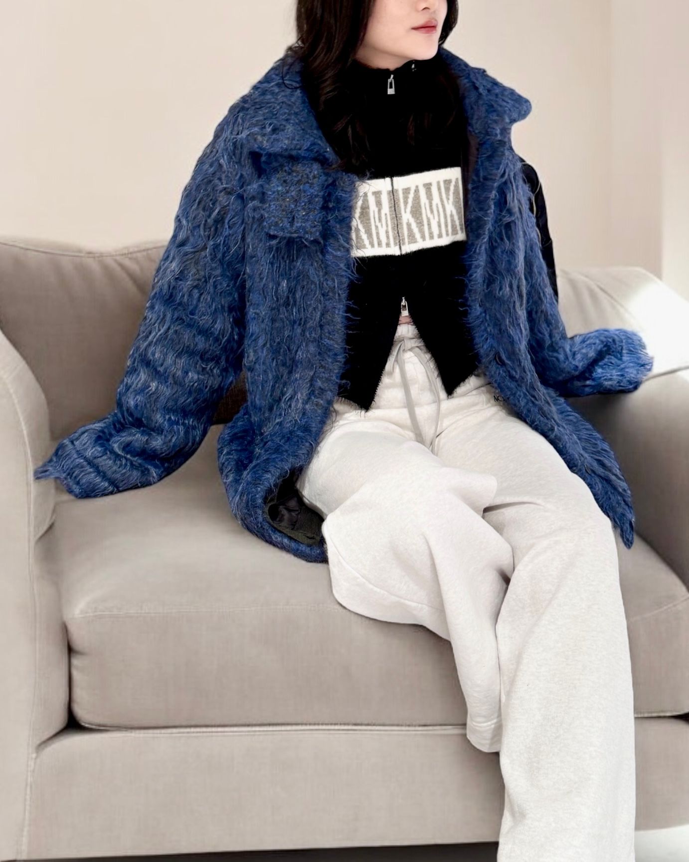 NOUNLESS - BIG COLLAR KNIT FUR JACKET (NAVY) / ビッグカラーニット