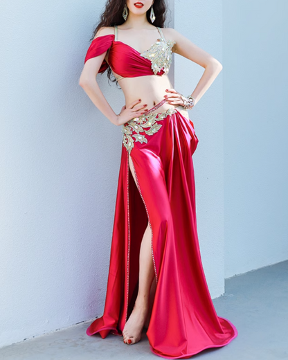 送料無料】 即納 ベリーダンス衣装 オリエンタル セットアップ ローズ