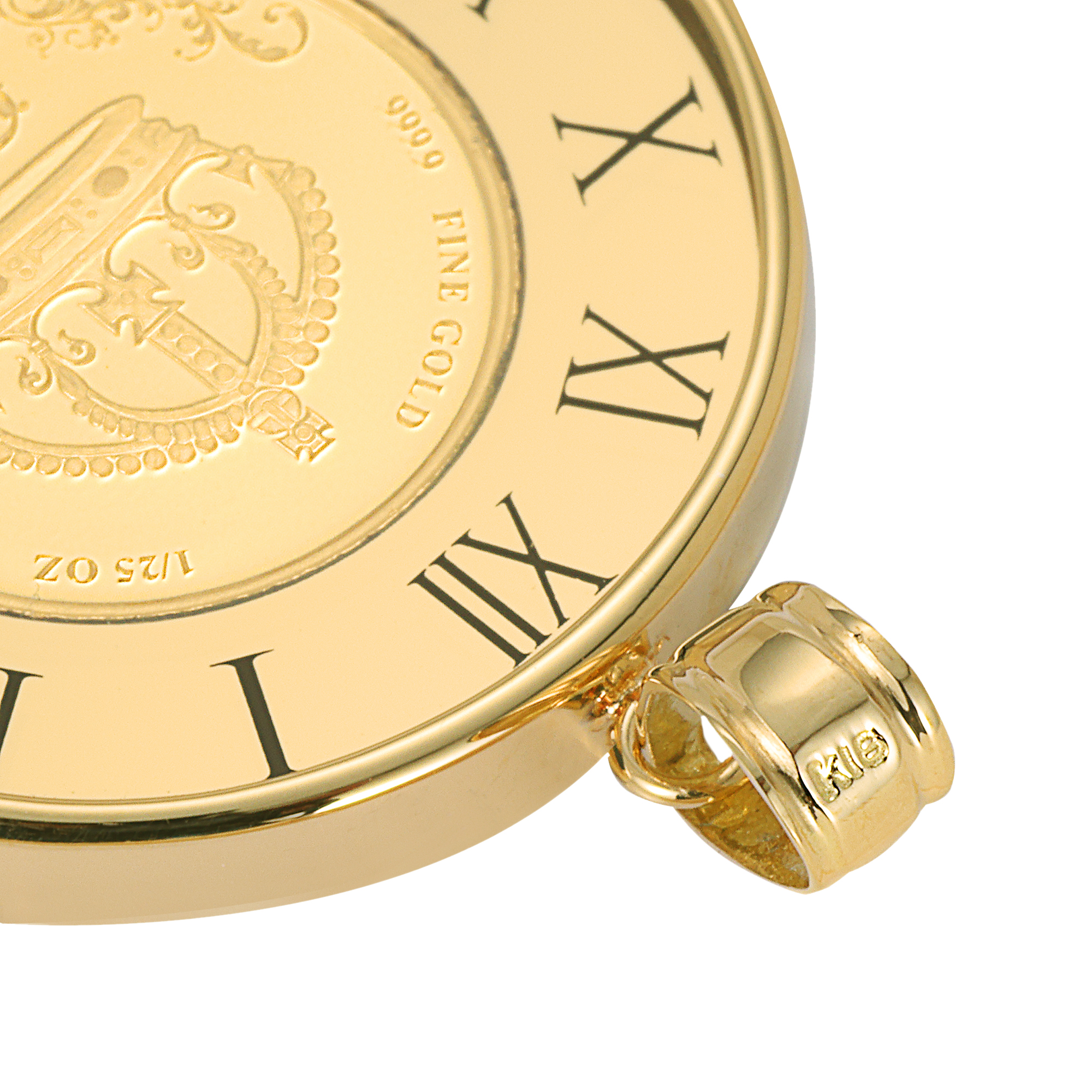 K24 純金 コイン ペンダント クラウン & 獅子 1/25oz ラウンド ガラス