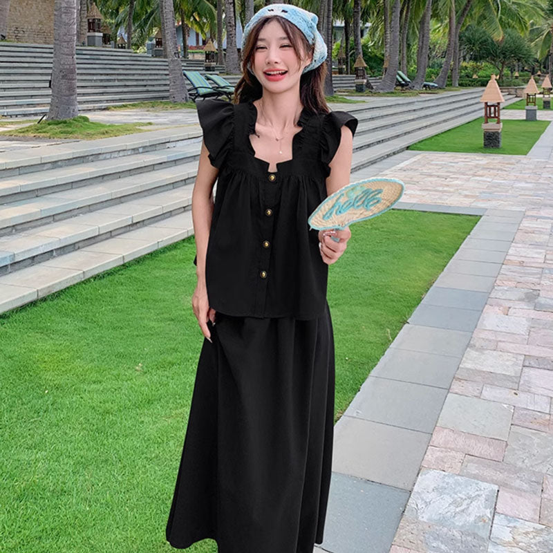 スクエアネックフレアセットアップ(2colors)（茶・黒）春/夏 頑張り