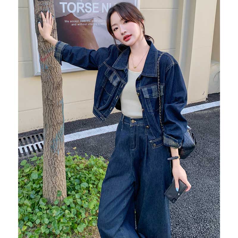 ポイントチェックデニムセットアップ（青）春/秋 さりげない遊び心を