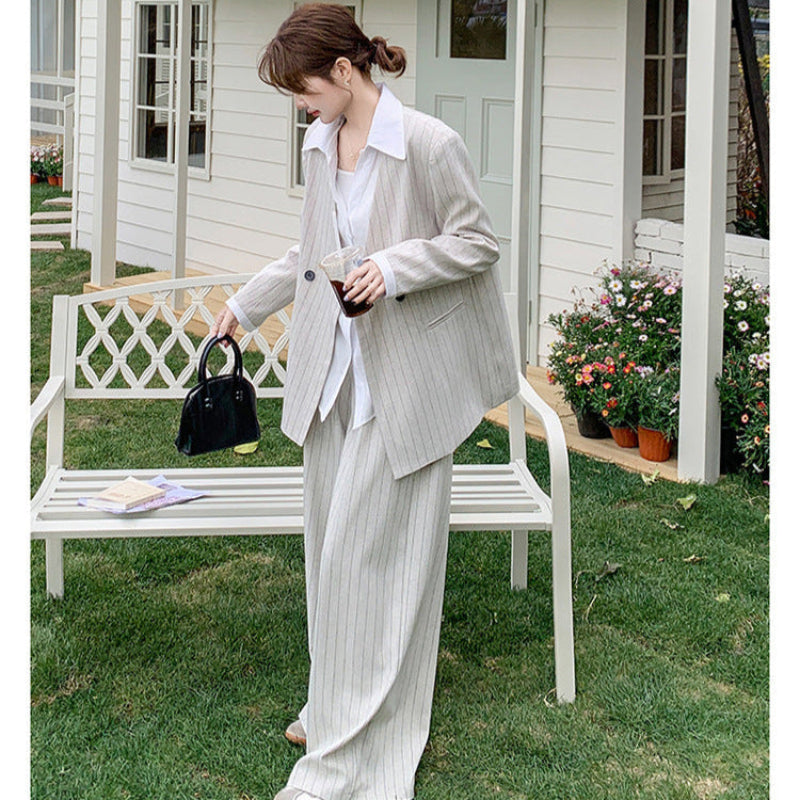 ストライプジャケット×ワイドレッグパンツ（薄灰）秋/春 レトロ