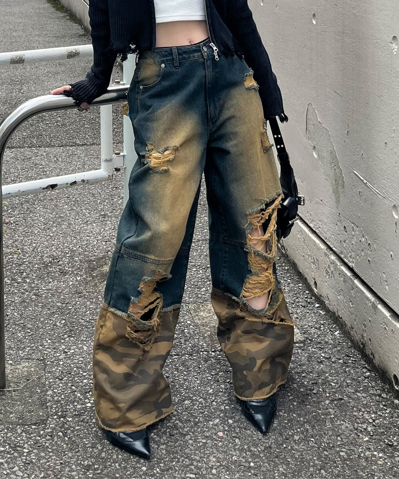 ダメージカモフラ切り替えワイドパンツ｜SPIRALGIRL スパイラルガール