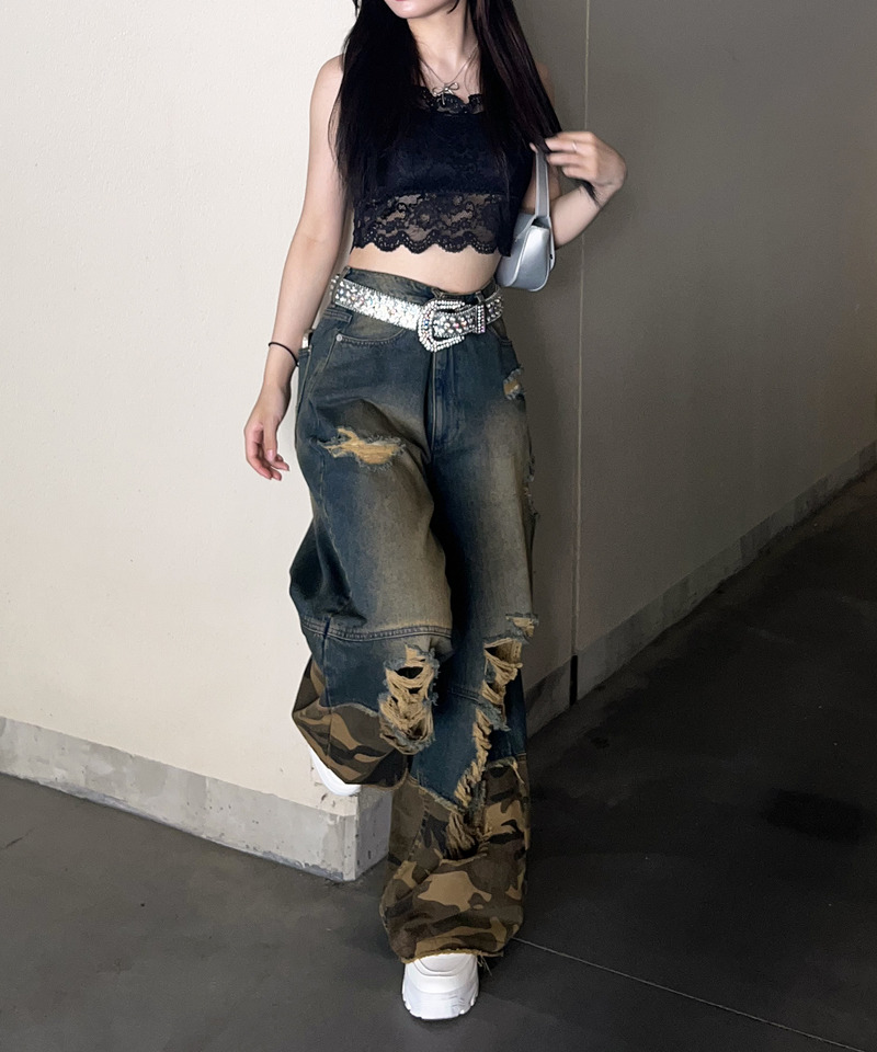ダメージカモフラ切り替えワイドパンツ｜SPIRALGIRL スパイラルガール