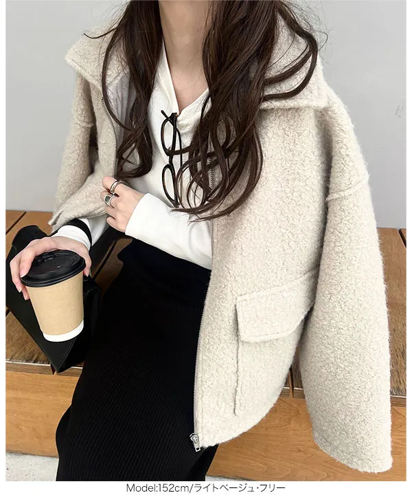 Wポケットシープボアジップブルゾン [K1309] - レディースファッション