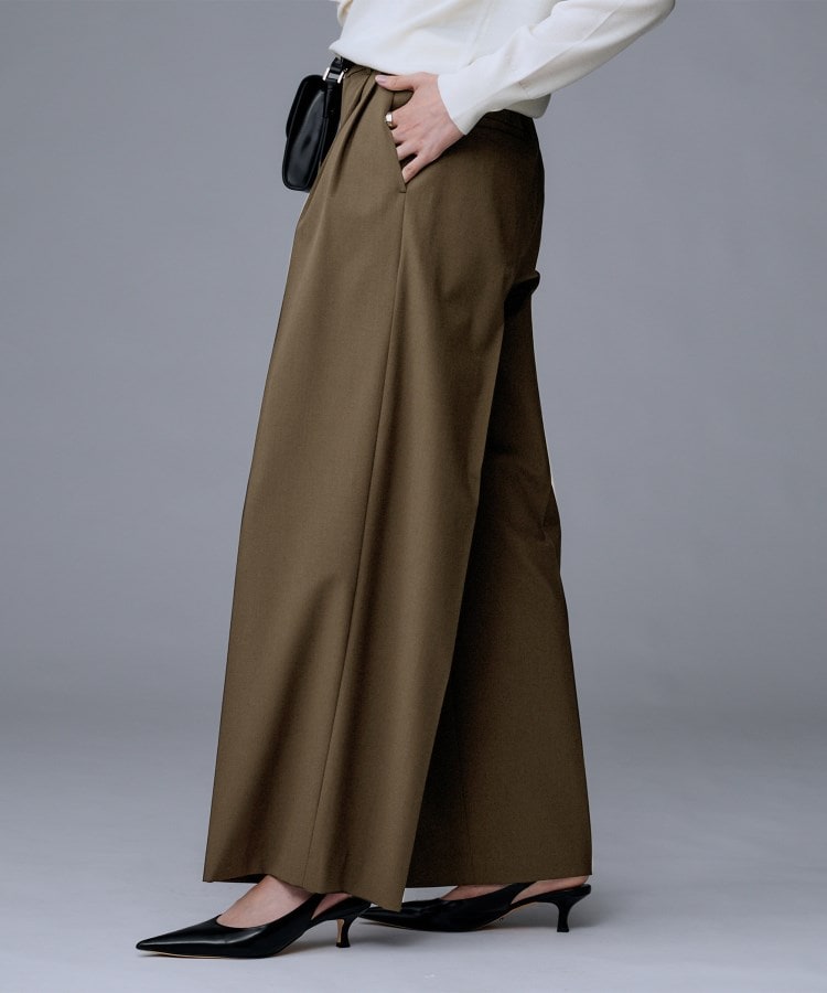 洗える/ウエスト後ろゴム】ウール混 タックワイドパンツ（フルレングス