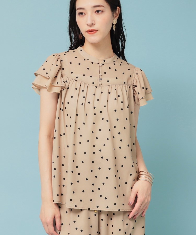 袖ラッフル/フェミニン】大人可愛いドット柄ブラウス（シャツ