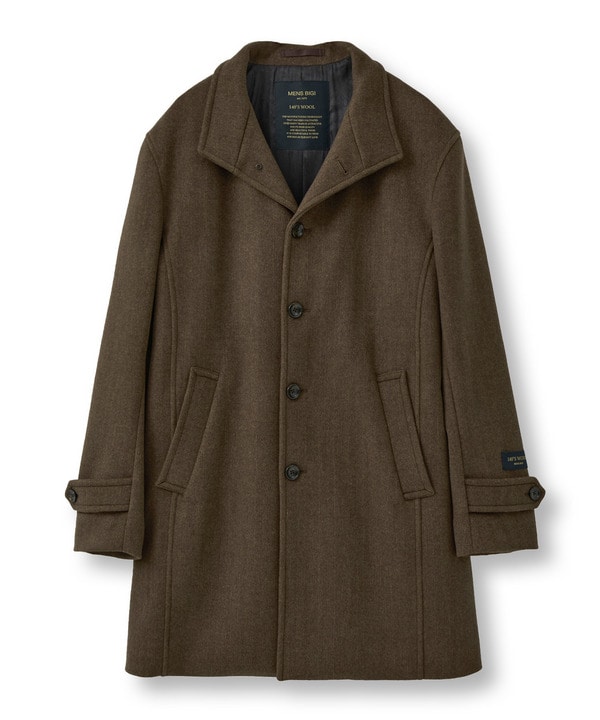 Super140ウールヘリンボーンビーバー スタンドカラーコート｜メンズ