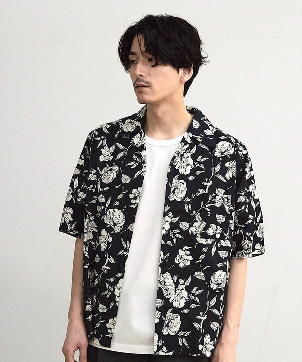 フラワー柄プリントブロードオープンカラー半袖シャツ｜メンズ