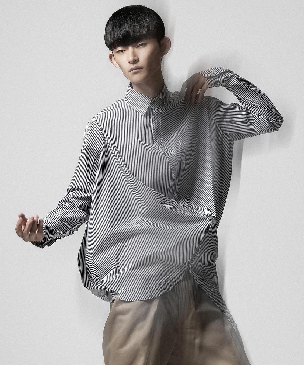 ANREALAGE[アンリアレイジ] 新作ストライプボールシャツ、サイド
