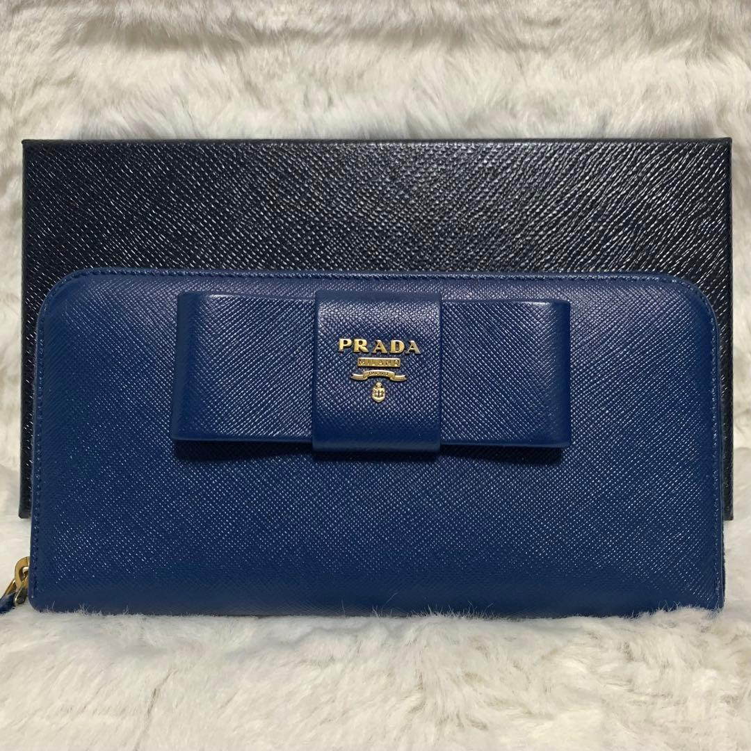 美品　PRADA 長財布　サフィアーノ　リボン　ラウンドジップ　ネイビー PRADA - 新品未使用 プラダラウンドジップ リボン折長財布 黒 ブラック