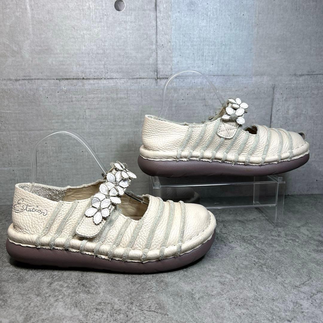 極美品【エスタシオン】お花 レザーメリージェーン/厚底/フラワー
