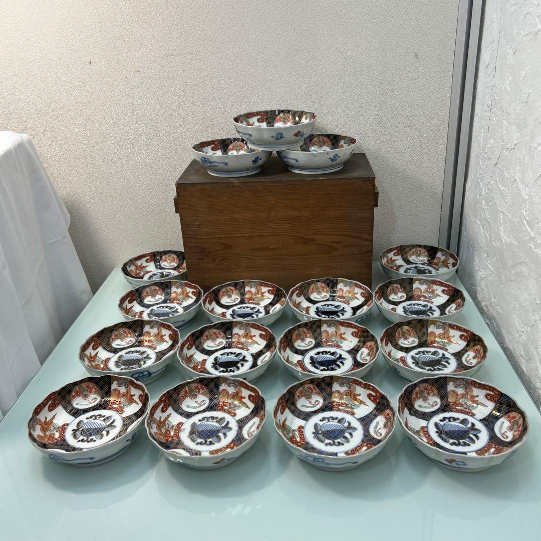 ☆古伊万里・金蘭手・金彩　　　　染付・窓絵花車・中鉢☆ A626 古伊万里 金蘭手 見込桃 窓絵花車 団龍 中鉢 膾皿 5客｜Yahoo