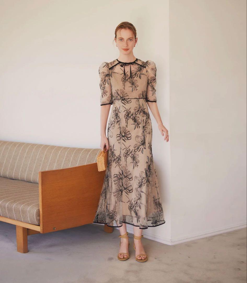 Leja 花柄リボンパフスリーブマーメイドワンピースドレス Mサイズ 当日発送】花柄リボンパフスリーブマーメイドドレス/パーティードレス