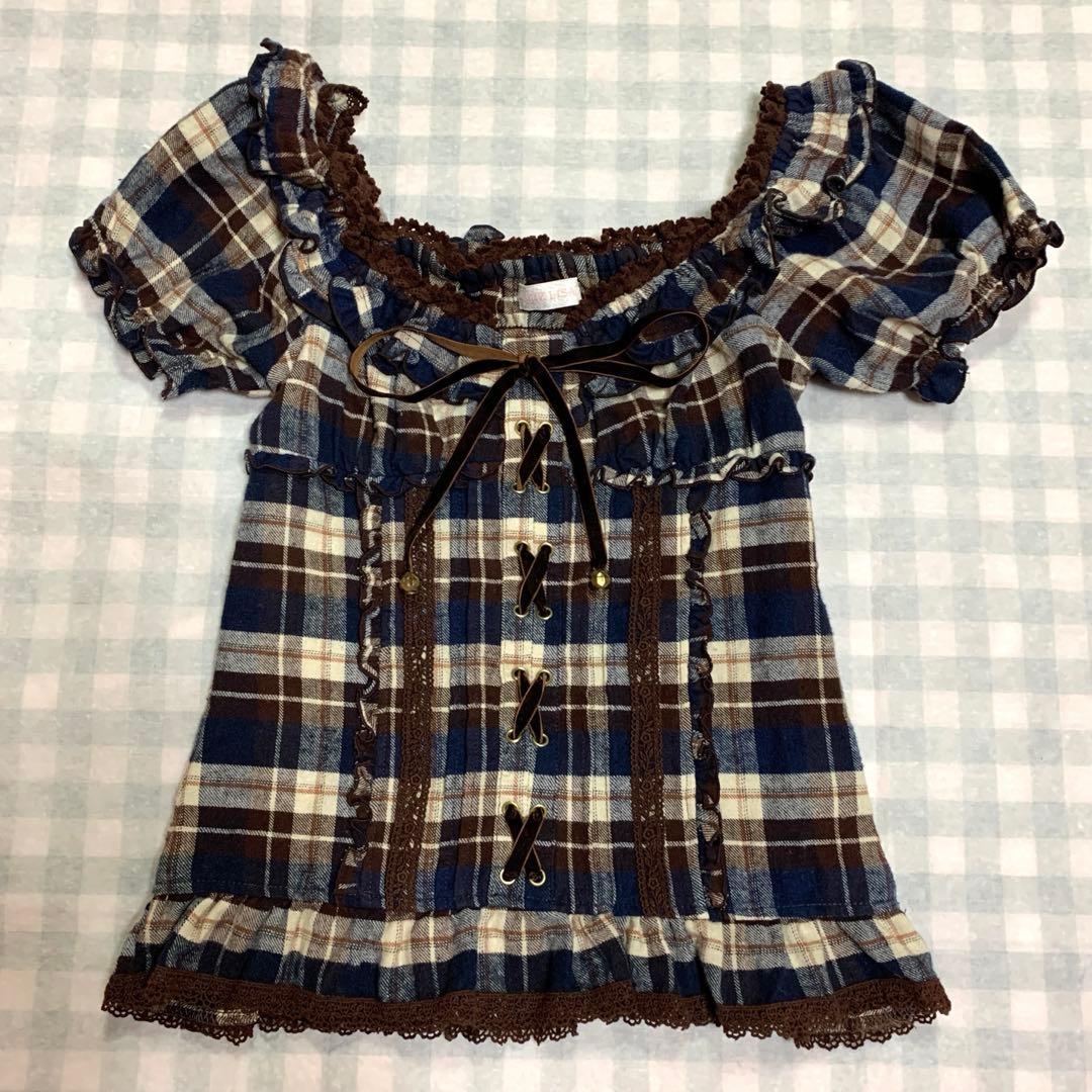 LIZLISA 希少 チェック柄 パフスリーブ 編み上げリボン フリル トップス 161-6202-0-m-01-pl.jpg
