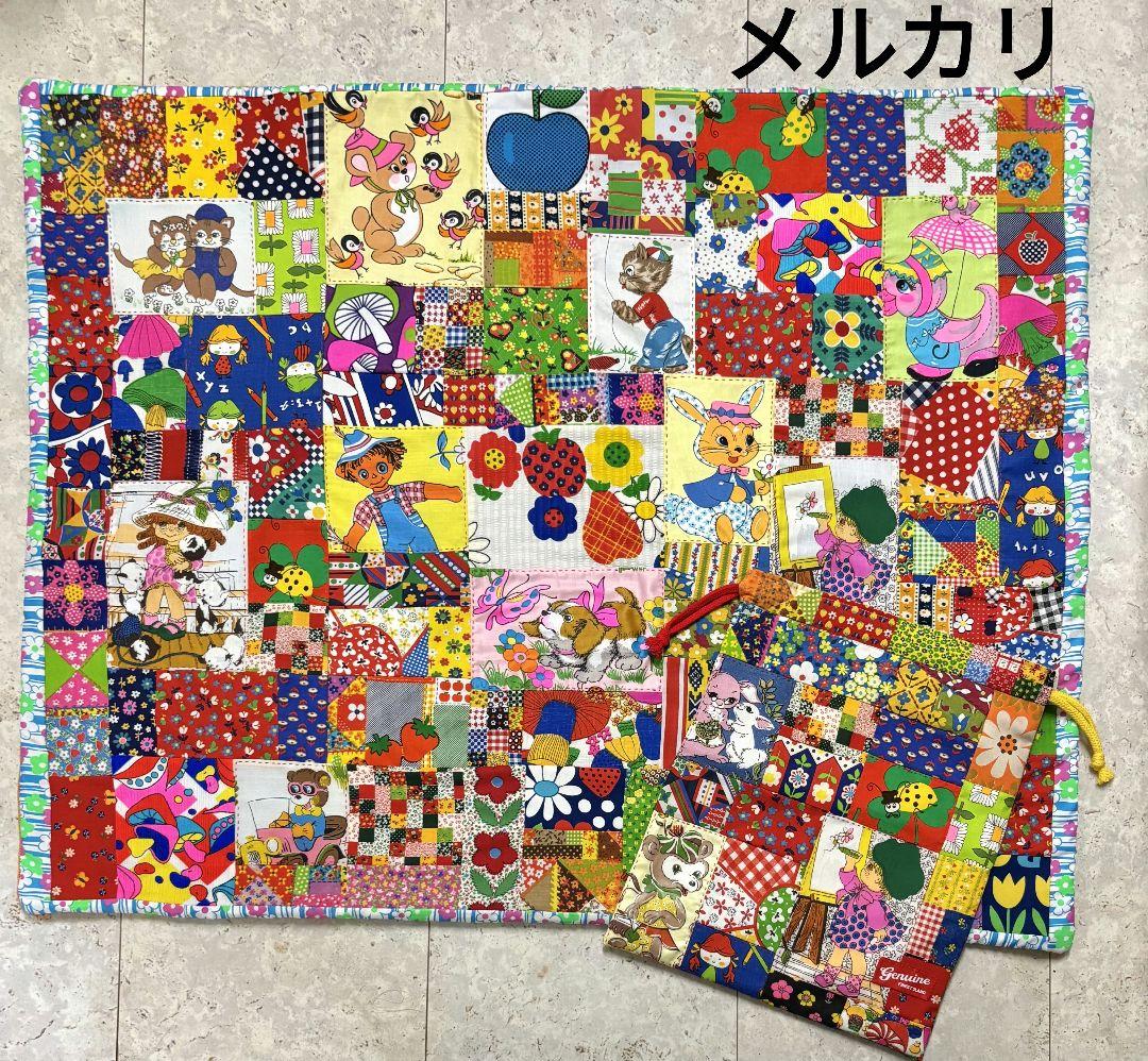 ハンドメイド❇大きめビンテージ❇レトロアニマルパッチワークマットと巾着セット Patchwork Animals パッチワークアニマルズ 3 ネコのぬいぐるみと巾着