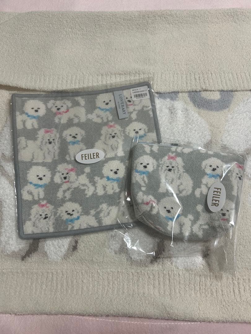 セット割り！モフモフワンチャン　ハンカチ、舟型ポーチM 本日限定値引き】モフモフワンチャン フェイラーハンカチ 舟型ポーチS