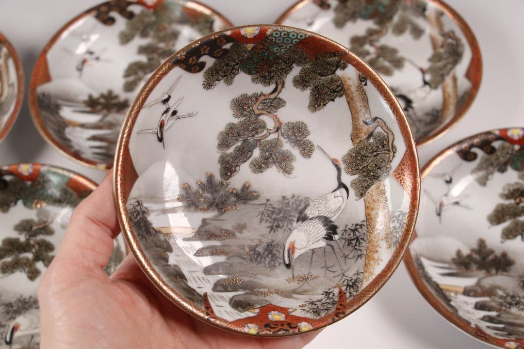 CH85 時代 九谷焼 福栄 金彩色絵 小皿 六客 12.2cm 山水 鶴松