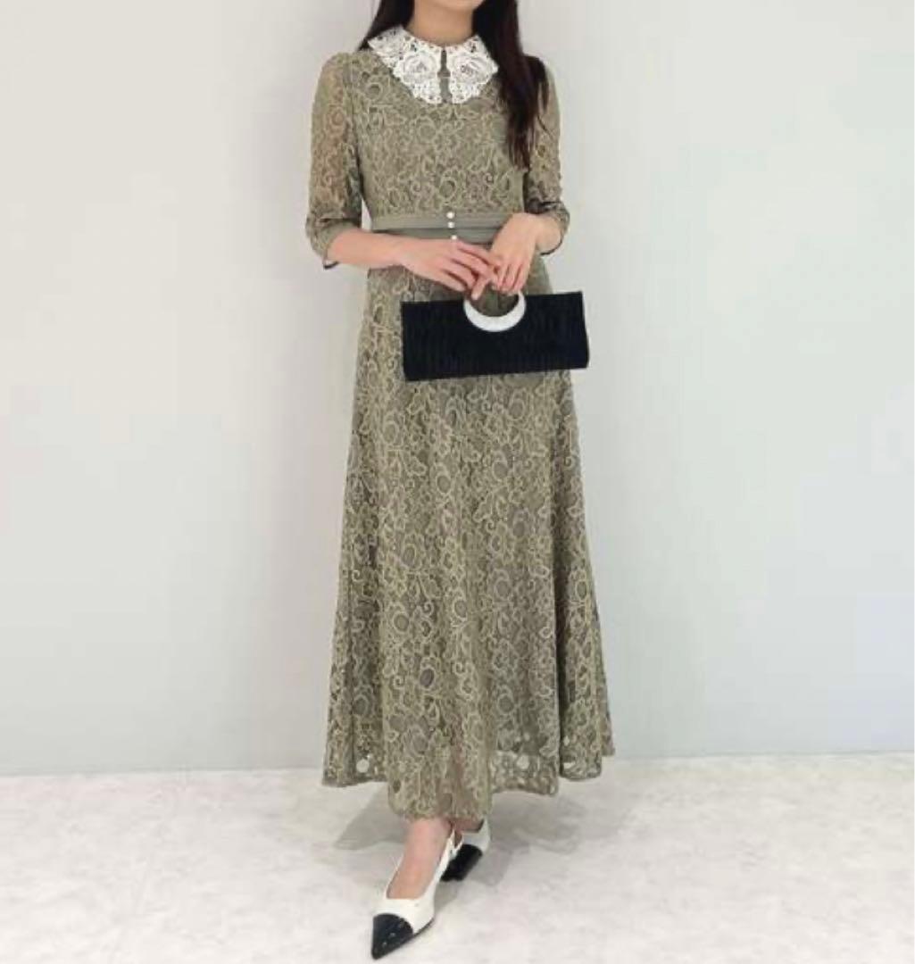 Leja レースビッグカラー花柄刺繍ロングフレアドレスワンピース M