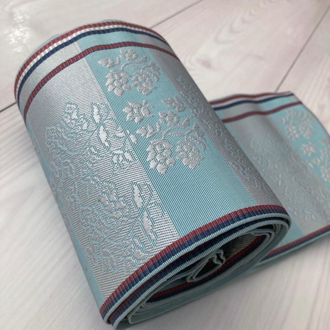 本場筑前博多織 半幅帯 ブルーグレー 織り出し花模様・縞模様 正絹 No2.22