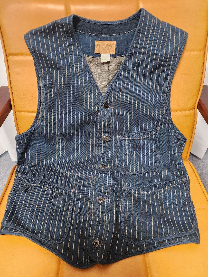 【極美品】名作RRL　激渋ストライプ/インディゴ染め/メンズベスト　Size:M 傑作】RRL “Indigo Linen Striped Vest” M ジョニーデップ ストライプ
