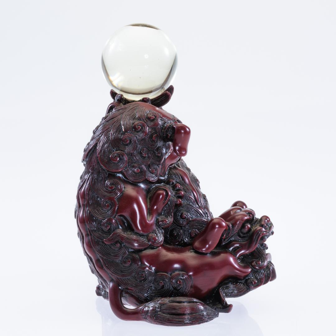 獅子 置物 水晶玉 赤獅子 シーサー 狛犬 古美術 昭和アンティーク