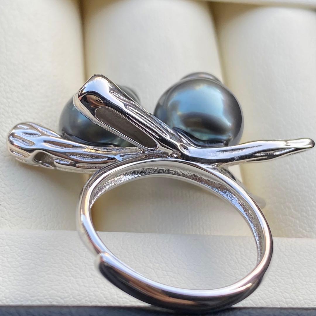 本真珠 南洋黒蝶真珠ダブルリング「鳥と枝」13mmダークグリーンL1259