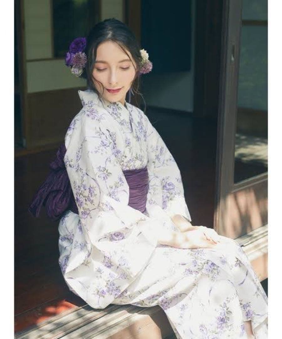 美品 Maisonde FLEURフレンチローズ浴衣 パープル 紫 メゾン ド フルール2023年新作フレンチローズ浴衣、バラとカタバミの花