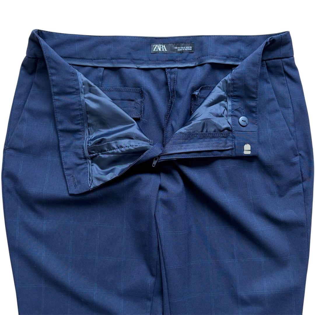 ZARA パンツスーツ ノーカラー チェック ネイビー セットアップ 40