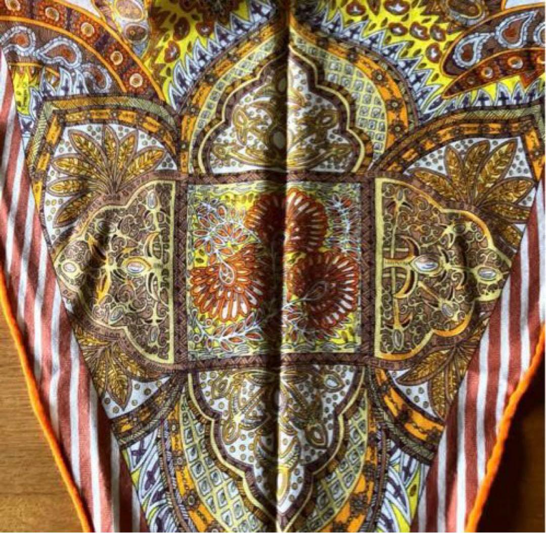 美品HERMESロサンジュ菱形ペイズリースカーフカシミアシルクオレンジ黄