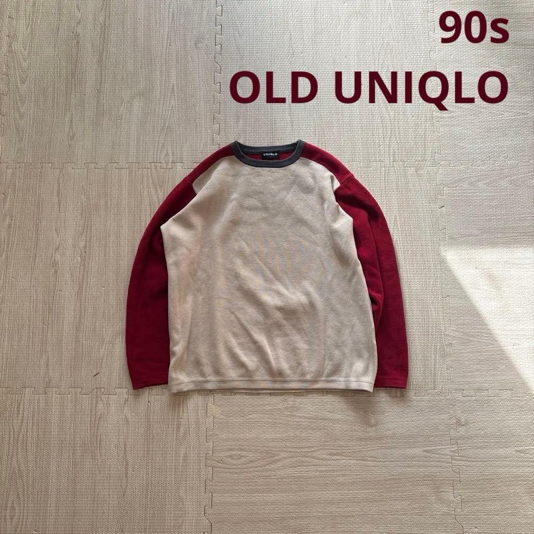 90s オールドユニクロ 紺タグ 絶妙配色 ラグラン コットンニット L