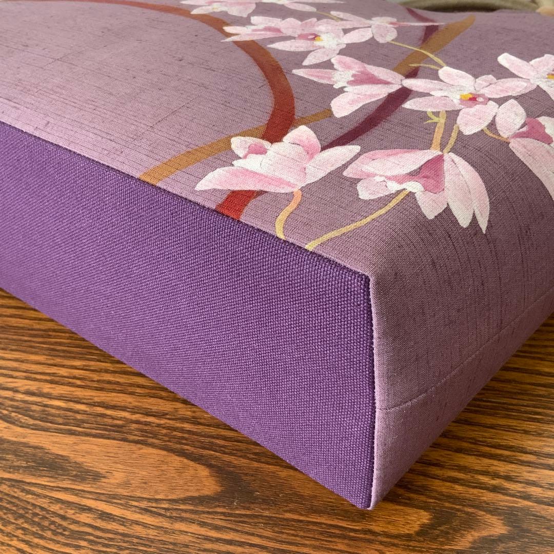 A4サイズ対応 紬 蘭のお花 リメイク リネンコードハンドルバッグ