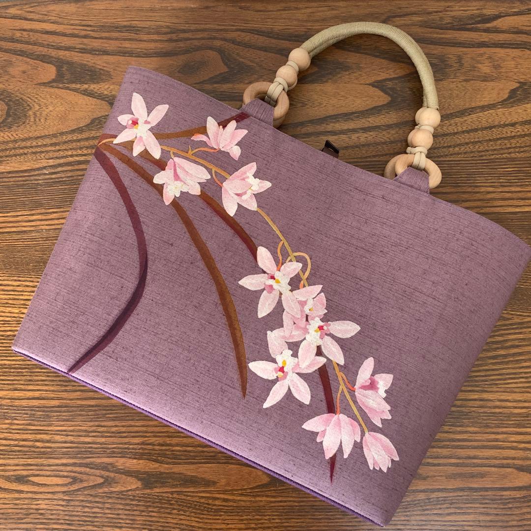 A4サイズ対応 紬 蘭のお花 リメイク リネンコードハンドルバッグ