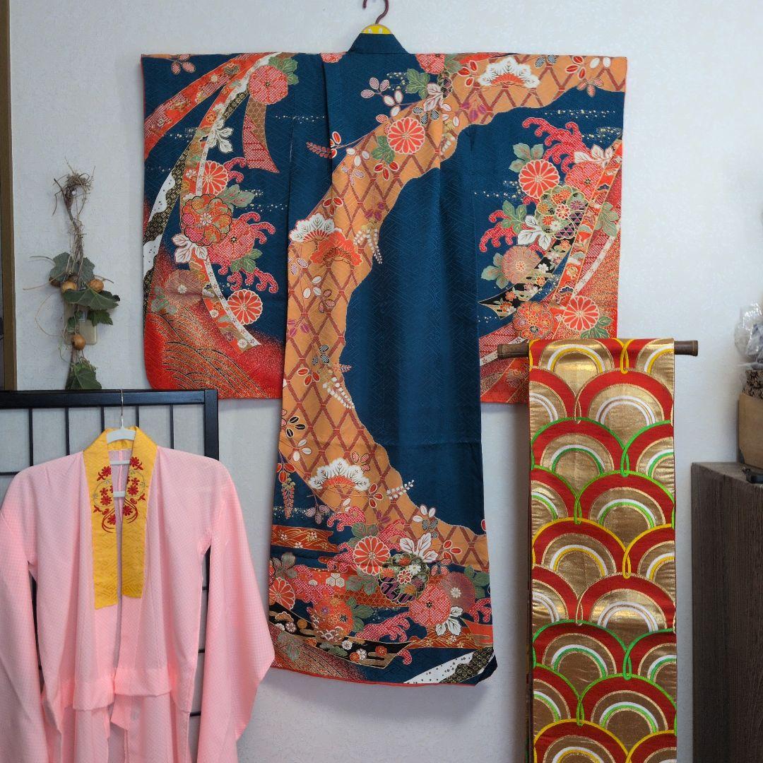 古典柄　七五三着物セット　7歳　女の子　化繊　袋帯、長襦袢　小物 七五三 着物 7歳 女の子用 古典柄のお祝い着(合繊)とオリジナル袋帯