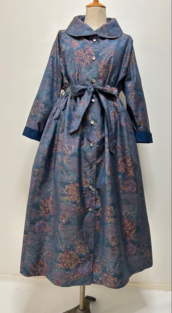 新品未使用7マルキ大島紬＊重ね衿前開きワンピース＊着物リメイク