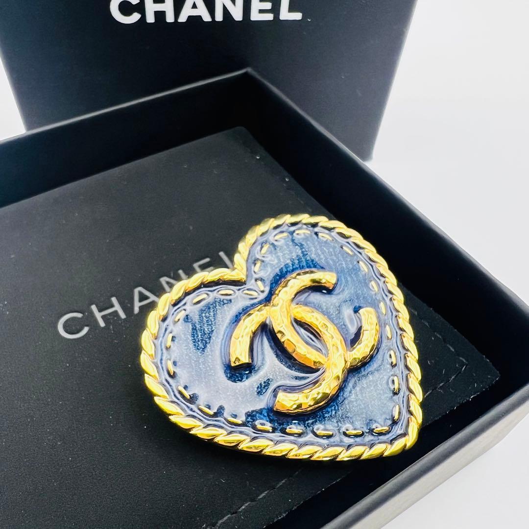 未使用級 シャネル デニム ハート 大ブローチ ココマーク エナメル