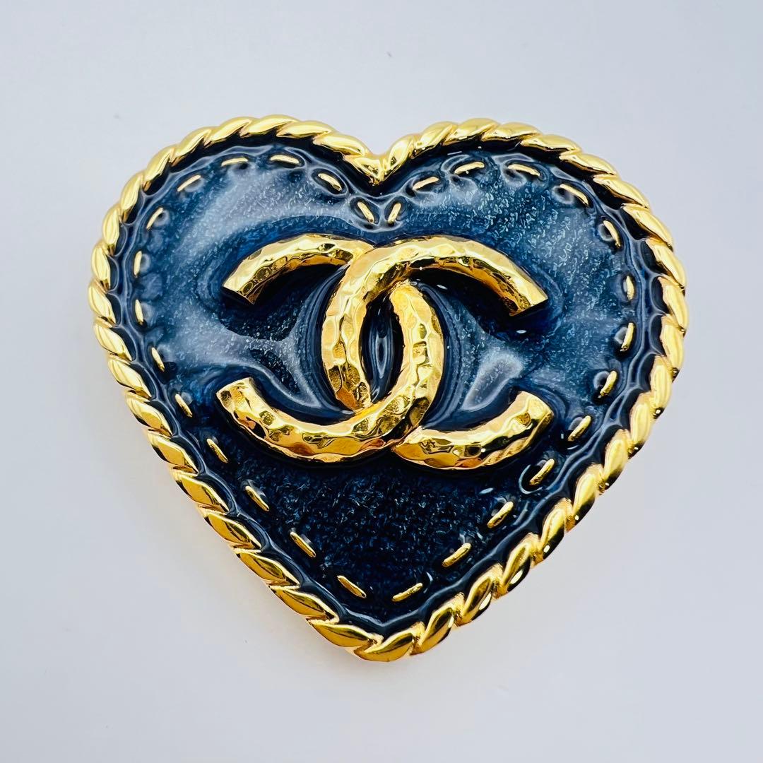 未使用級 シャネル デニム ハート 大ブローチ ココマーク エナメル