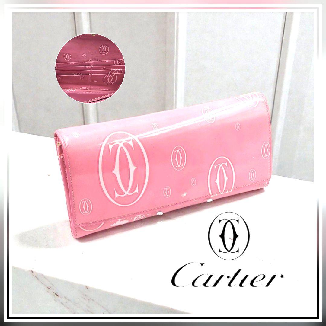 Cartier ハッピーバースデー 長財布 エナメル ピンク ロゴ 総柄 - メルカリ