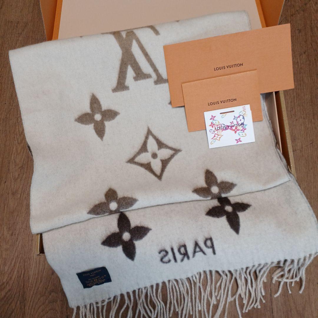 美品　LOUIS VUITTON カシミヤマフラー アイボリー/ブラウン LOUIS VUITTON（ルイ・ヴィトン） 【新品同様】ルイ ヴィトン