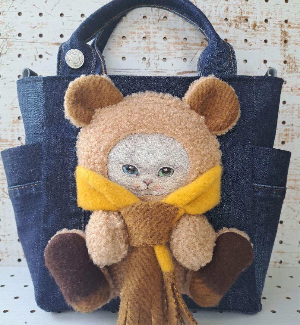 ゆ*ら様 コヤンイサムチョン　オッドアイねこ　デニムリメイクトートバッグ コヤンイサムチョン ハンドメイドリメイクデニムショルダートート