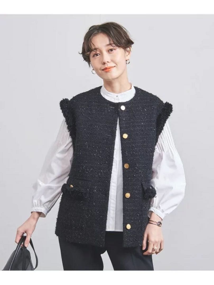 UNITED ARROWS ファンシーツイード ノーカラー ベスト ネイビー - メルカリ
