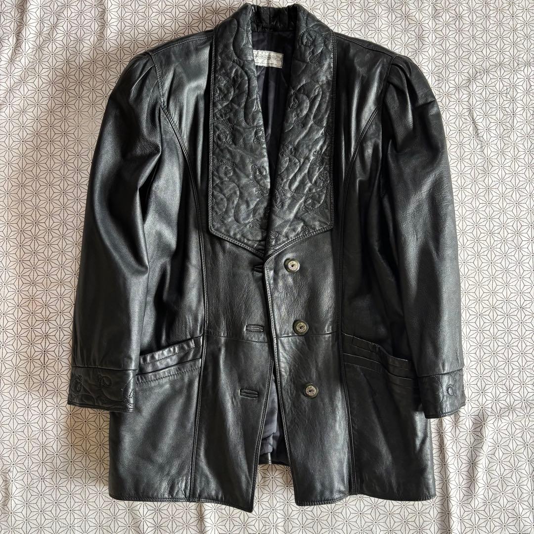 希少】イタリア製 本革 レザー 刺繍装飾 デザインコート 黒 M〜L