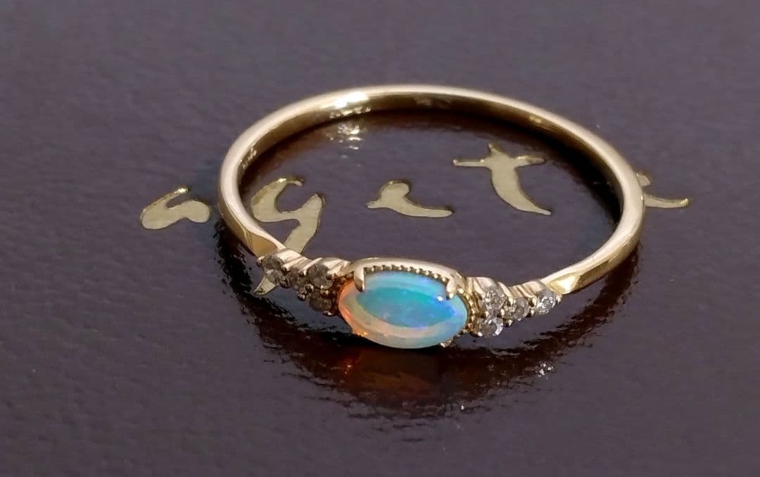 アガット K10 ダイヤモンド オパール リング 13号 遊色 オーロラ 美品