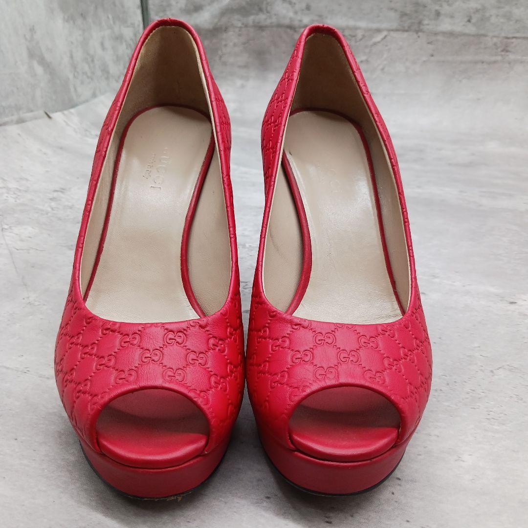 ✨美品✨ グッチ シマレザーオープントゥパンプス レッド 34.5 - メルカリ