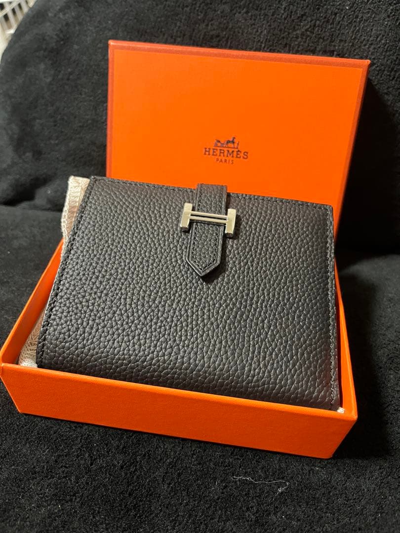 HERMESブラック べアン 二つ折り財布 エルメス HERMES べアンコンパクト D刻 ブラック GD金具 アリゲーター