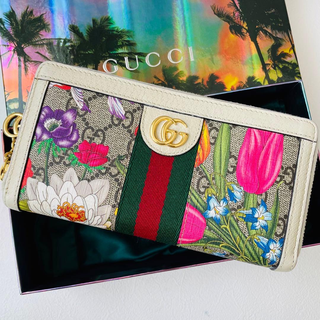 美品 GUCCI GGマーモント シェリーライン 長財布 フラワー フローラ