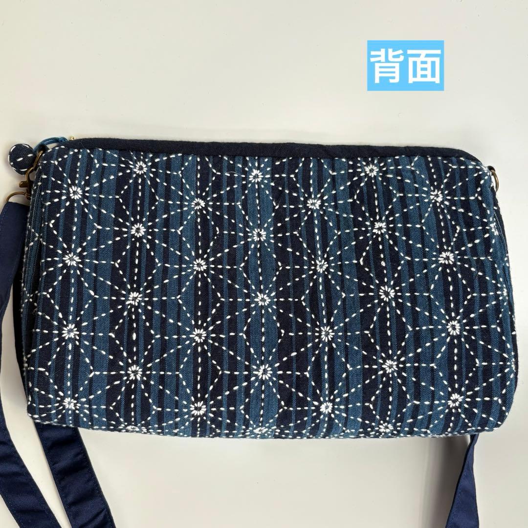 松阪もめん縞模様×刺し子のパッチワークキルト ハンドメイドショルダー