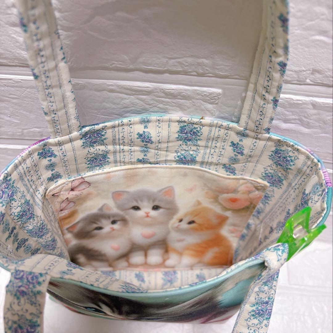 ミニトートバッグ お散歩バッグ ハンドメイド 姫パジャマ猫ちゃん 両面